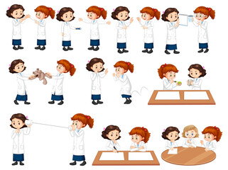 Set of a scientist girl doing different experiment