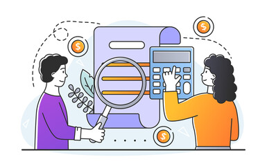 Male and female characters are looking at documents through magnifier. Concept of accounting and auditing service for business, budget planning, revenue calculation. Flat cartoon vector illustration