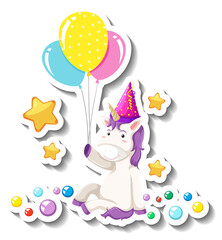 Cute unicorn sitting pose and holding balloons on white background