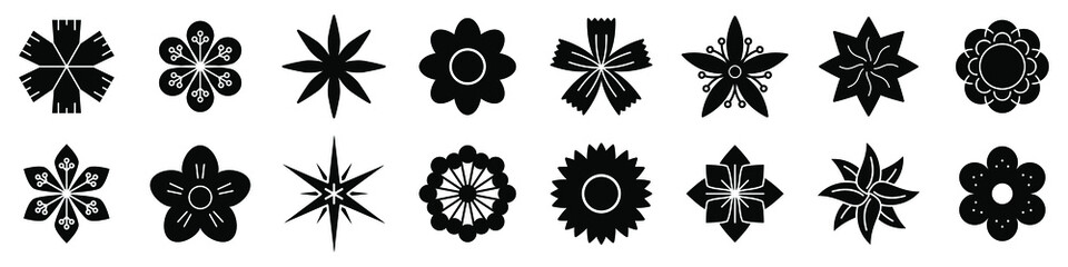 Flower icon. Set of black flower icons. Vector icons of different flowers. Vector illustration.