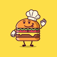 Cute burger cartoon character wearing chef hat vector