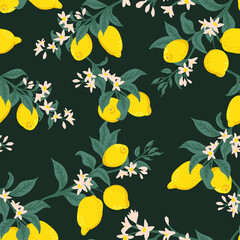 Summer tropical seamless pattern with colorful lemons and flowers.Vector citrus fruits background. Modern exotic floral design for paper, cover, fabric, interior decor and other users.