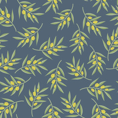 Green olive tree branches seamless vector pattern. Olive tree leaves repeating background. Hand drawn vector illustration repeat tile for fabric, textiles, wrapping, food packaging, kitchen decor.