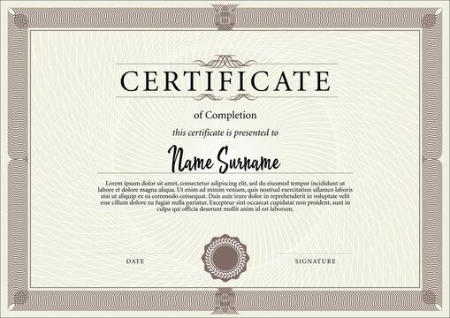Certificate or diploma template in classic style. Certificate of complection of training.