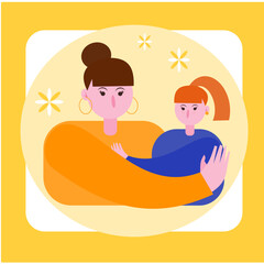 Vector illustration of mom and daughter. Mom hugs daughter on a yellow background postcard. Young brunette woman hugs her little redhead daughter. Postcard for mom.