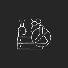 Chemical free food production chalk white icon on dark background. Toxic and gmo free products. Organic fruits and vegetables. No additives. Isolated vector chalkboard illustration on black