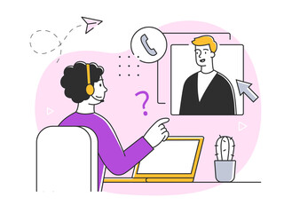 Young male character working in customer support. Collection of scenes at office. Workers taking part in business negotiation, brainstorming, helping clients. Flat cartoon vector illustration