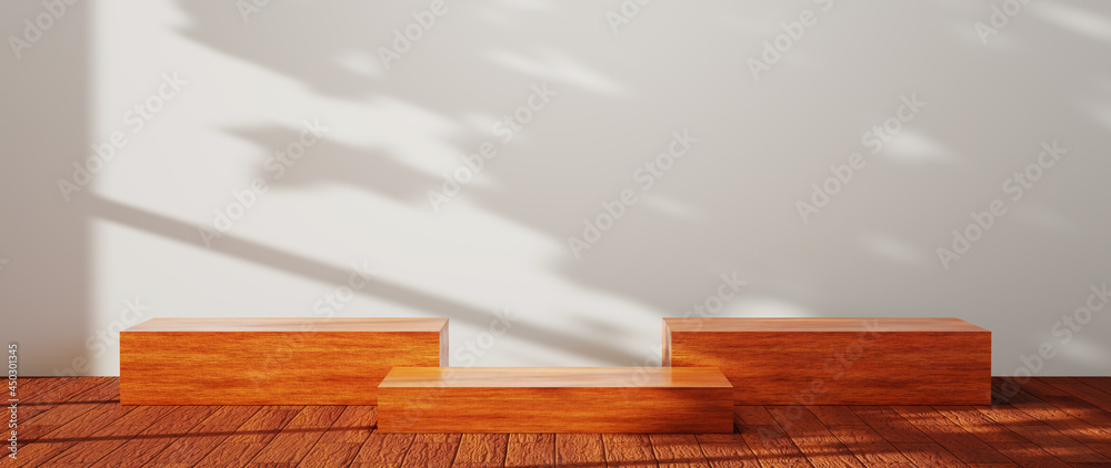 Wall mural 3d rendering of three square wooden podiums for displaying products background. mockup for show prod
