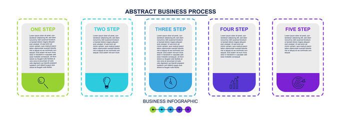 Set of presentation business infographic cards with 5 options on white background. Concept of business educational poster with sfive steps to success. Flat cartoon vector illustration