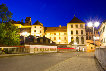 Old street in the historic center at twilight, Fussen, Bavaria, Germany.