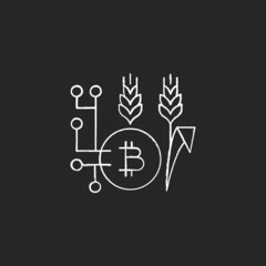 Fototapeta na wymiar Blockchain technology in agriculture chalk white icon on dark background. Innovative payment. Digital currency usage in farming. Smart agriculture. Isolated vector chalkboard illustration on black