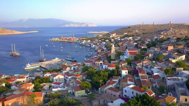 4K Greek Islands in Aegean Sea, Halki Island Port, Drone Aerial