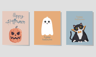 Boho Halloween greeting cards with cute characters. Printable greeting cards illustration. Design for Halloween in pastel colors.