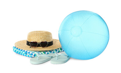 Inflatable ball and beach accessories on white background