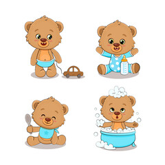 Set of cute cartoon teddy bear on a white background