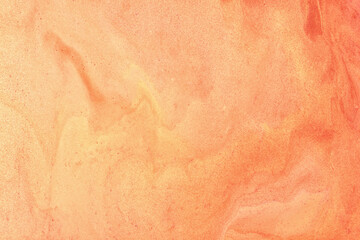 Abstract fluid art background coral colors. Liquid marble. Acrylic painting on canvas with orange shiny gradient.