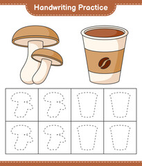 Handwriting practice. Tracing lines of Shiitake and Coffee Cup. Educational children game, printable worksheet, vector illustration
