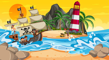 Fototapeta na wymiar Beach at sunset time scene with pirate kids cartoon character on the ship