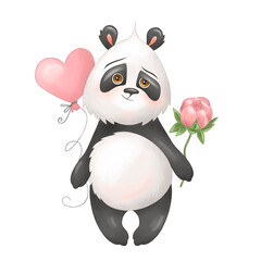 A hand drawn Panda with a flower and a heart, isolated on a white background. Summer poster.