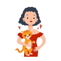 Portrait of a cartoon woman in a red dress holding a ginger cat. Favorite pet and its owner in a cheerful style. Vector illustration of a brunette in a festive dress. Isolated clipart.