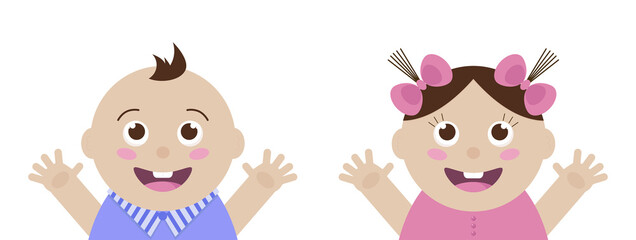 Girl and boy. Pink dress. Blue t-shirt. Cute little children. Kids. Vector illustration 8 eps