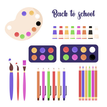 Back to school collection. Brushes, pens, pencils, palette of paints, paints in tubes, palette, strokes. School supplies. Creativity. Colorful. Vector illustration 8 eps