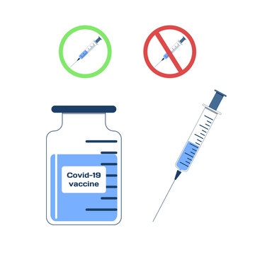 Covid-19. Vaccine. Coronavirus Syringe And Vaccine Vial. Treatment For Coronavirus Covid-19. Yes Or No Vaccination.  Isolated. Vector Illustration 8 Eps. 