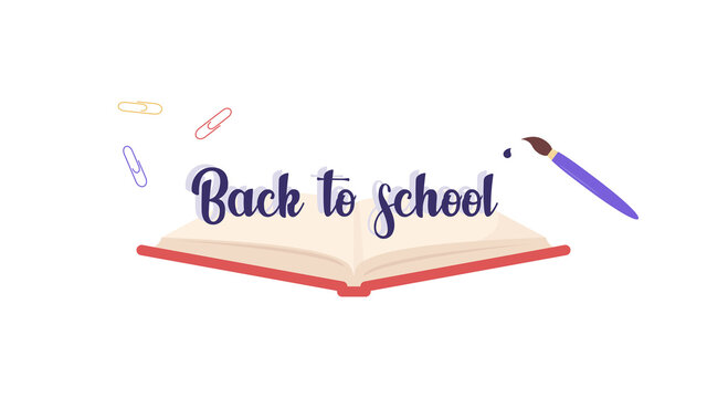 Back to school background. Red book and blue brush with a drop of paint. Paper clips. Vector illustration 8 eps