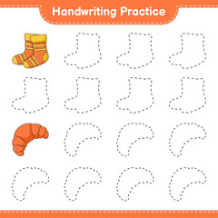 Handwriting practice. Tracing lines of Socks and Croissant. Educational children game, printable worksheet, vector illustration