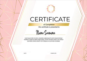 Certificate with gold lines on soft pink background. Modern fashion horisontal Certificate template. Elegant diploma in vector.