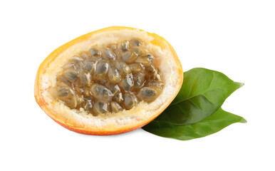 Half of delicious ripe granadilla with green leaves isolated on white