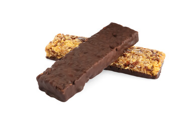 Different protein bars with chocolate on white background. Healthy snack