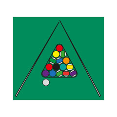 Set for game of billiards, colored balls, cue on green background. Vector illustration.