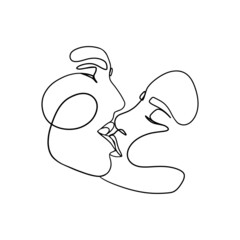 One line couple kiss. Minimalist man woman love symbol, romantic lovers continuous line art print. Vector illustration