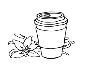 Vanilla coffee. A paper coffee cup with a plastic lid. Coffee to take away. Vector illustration on a white background.