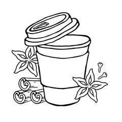 A paper coffee cup with a plastic lid. Coffee to go. Vector illustration on a white background. Coffee with spices. Cinnamon, cloves.
