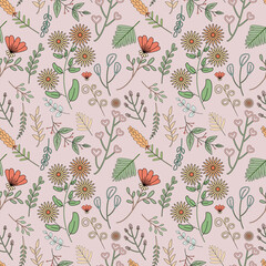 Seamless pattern design of pastel objects. Doodle of leafs.