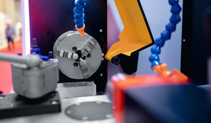 Modern CNC metalworking machine. Industry automation factory mill drill technology work