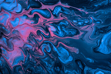 Abstract fluid art background navy blue and pink color. Liquid marble. Acrylic painting on canvas with sapphire gradient