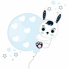 Cute Cartoon little bunny floating with big balloon vector illustration. Perfect for greeting cards, party invitations, posters, stickers, pin, scrapbooking, icons.