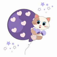 Cute Cartoon little cat floating with big balloon vector illustration. Perfect for greeting cards, party invitations, posters, stickers, pin, scrapbooking, icons.