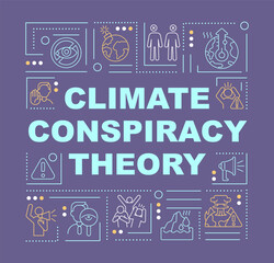 Climate conspiracy theory and green scam word concepts banner. Infographics with linear icons on purple background. Isolated creative typography. Vector outline color illustration with text - obrazy, fototapety, plakaty