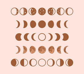 Phases of moon, boho moon illustration. Vector stock clipart