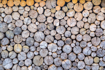 Background from wooden round logs. stacked firewood