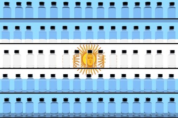 Medical vaccine vials and flag of Argentina, vaccination related conceptual 3D rendering