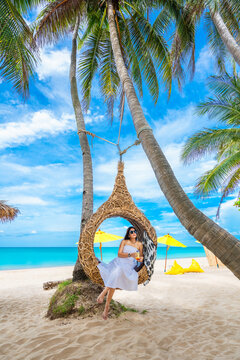 Summer Lifestyle Traveler Woman Relaxing On Straw Nests Joy Nature View Landscape Vacation Luxury Beach, Attraction Place Leisure Tourist Travel Thailand Holiday, Tourism Beautiful Destination Asia