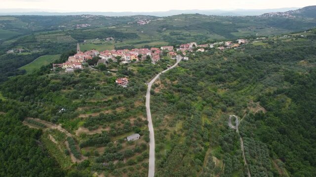Aerial view of typical old Istrian village Padna on a hill in summer, Slovenia
