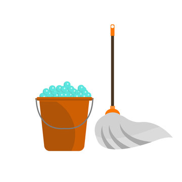 Bucket with soap suds and mop with cloth for floor. Illustration Stock |  Adobe Stock