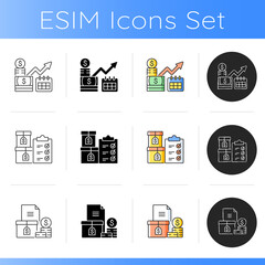 Enterprise accounting icons set. Long-term investments. Goods ready for sale list. Accounts receivables. Financial increment. Linear, black and RGB color styles. Isolated vector illustrations