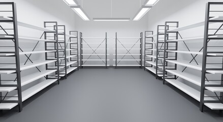 Cold room in warehouse with empty racks, white shelves on metal base. Interior of industrial storage freezer with walls, polymer floor and lamps. Refrigerator chamber in store or restaurant, 3d render